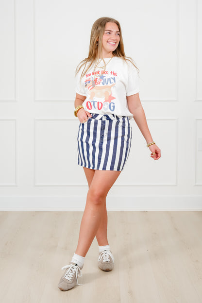 Plus/Reg Navy Stripe Denim Skirt - Freckled Poppy