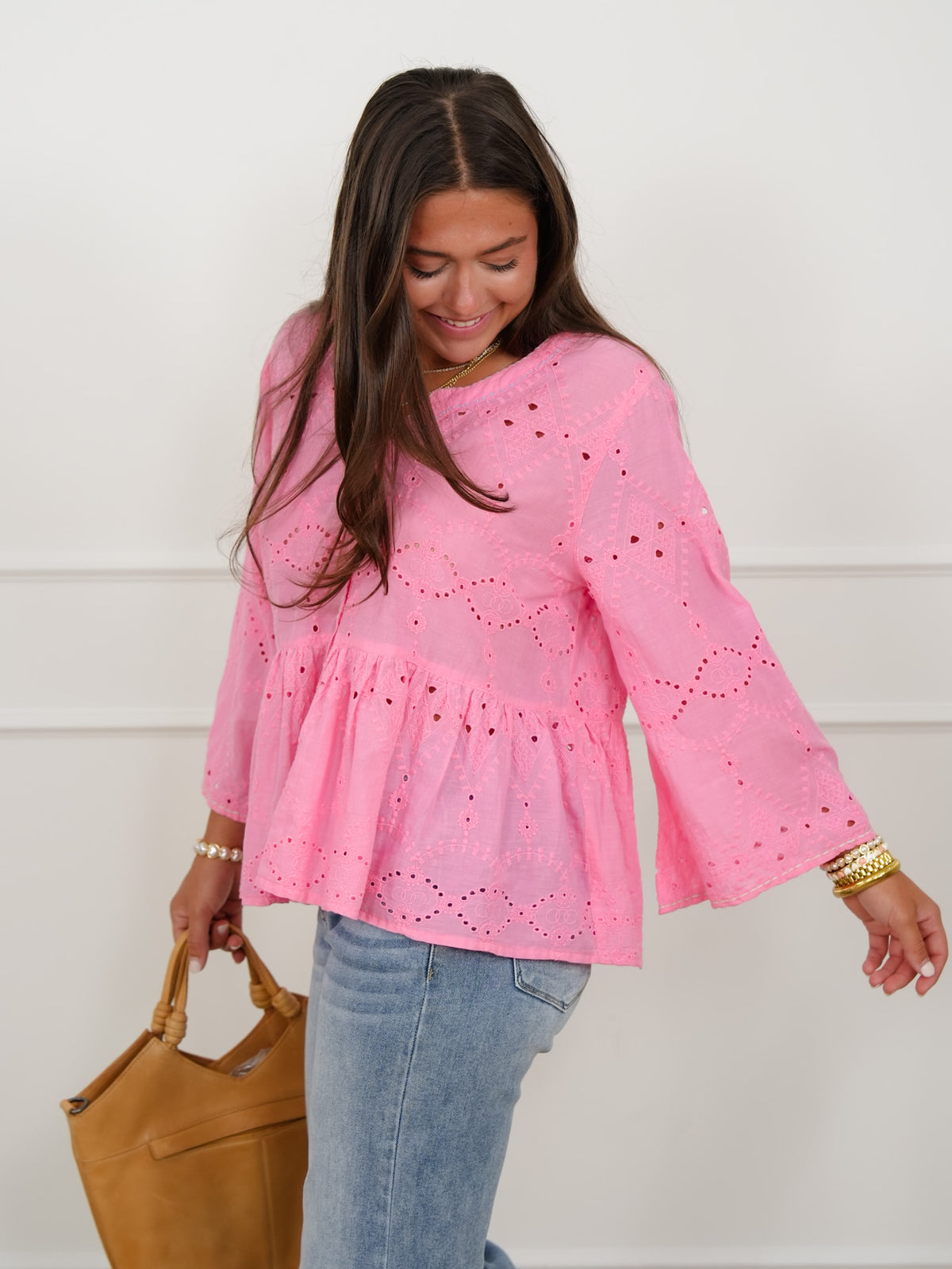 POL Eyelet Embroidered 3/4 Sleeve Button Down Top - Freckled Poppy