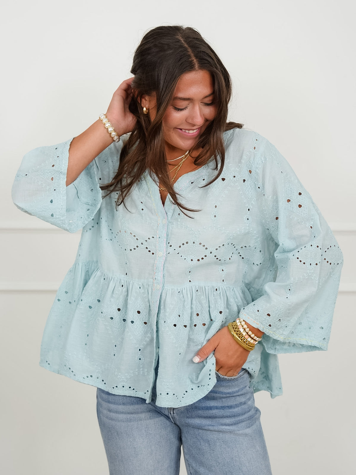 POL Eyelet Embroidered 3/4 Sleeve Button Down Top - Freckled Poppy