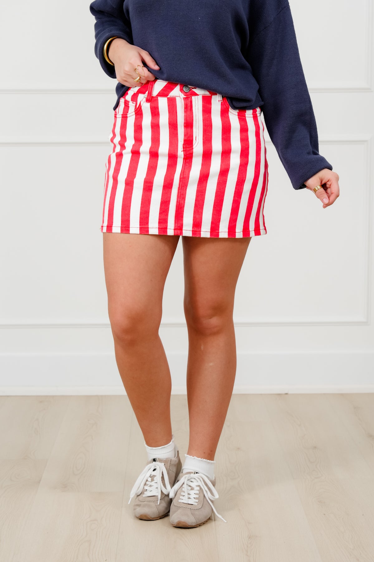 Plus/Reg Red Stripe Denim Skirt - Freckled Poppy