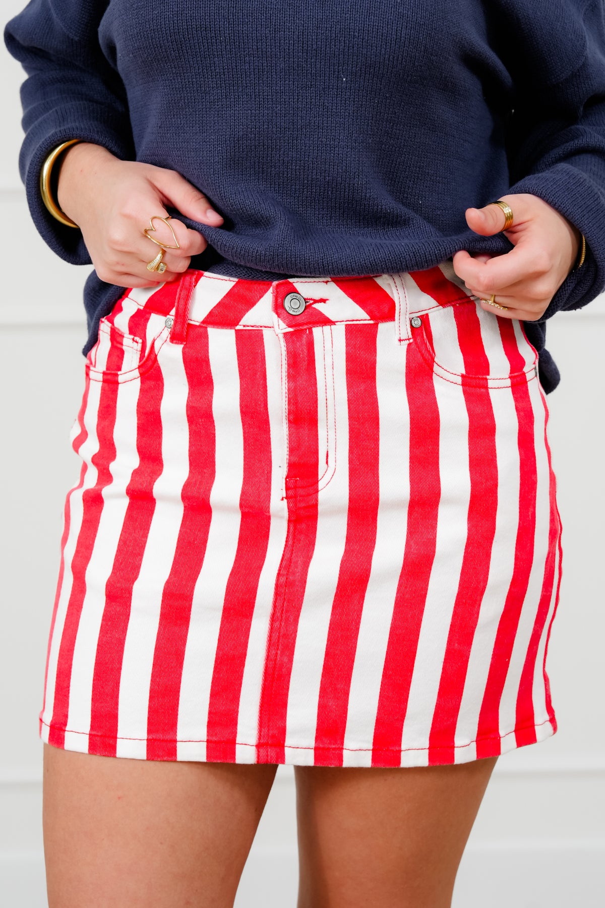 Plus/Reg Red Stripe Denim Skirt - Freckled Poppy