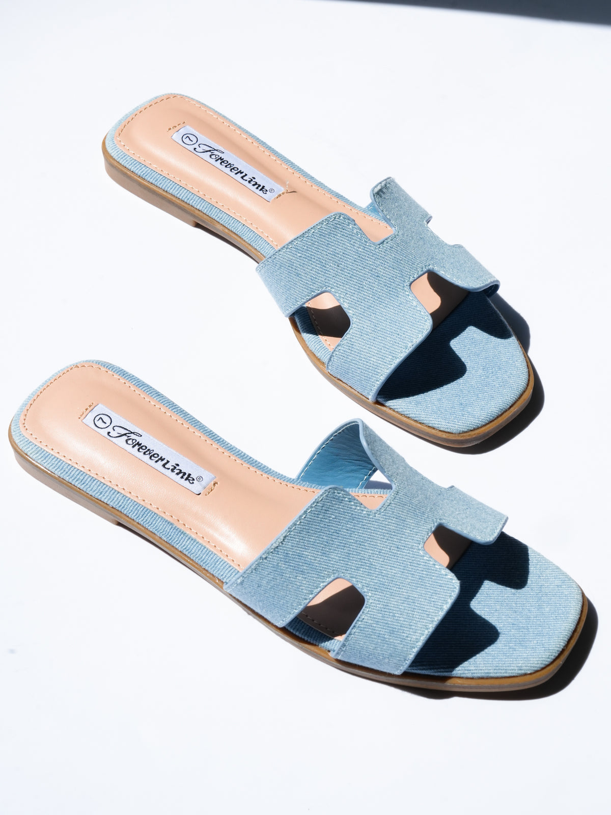 Denim H Strap Flat Slide Sandals - Freckled Poppy
