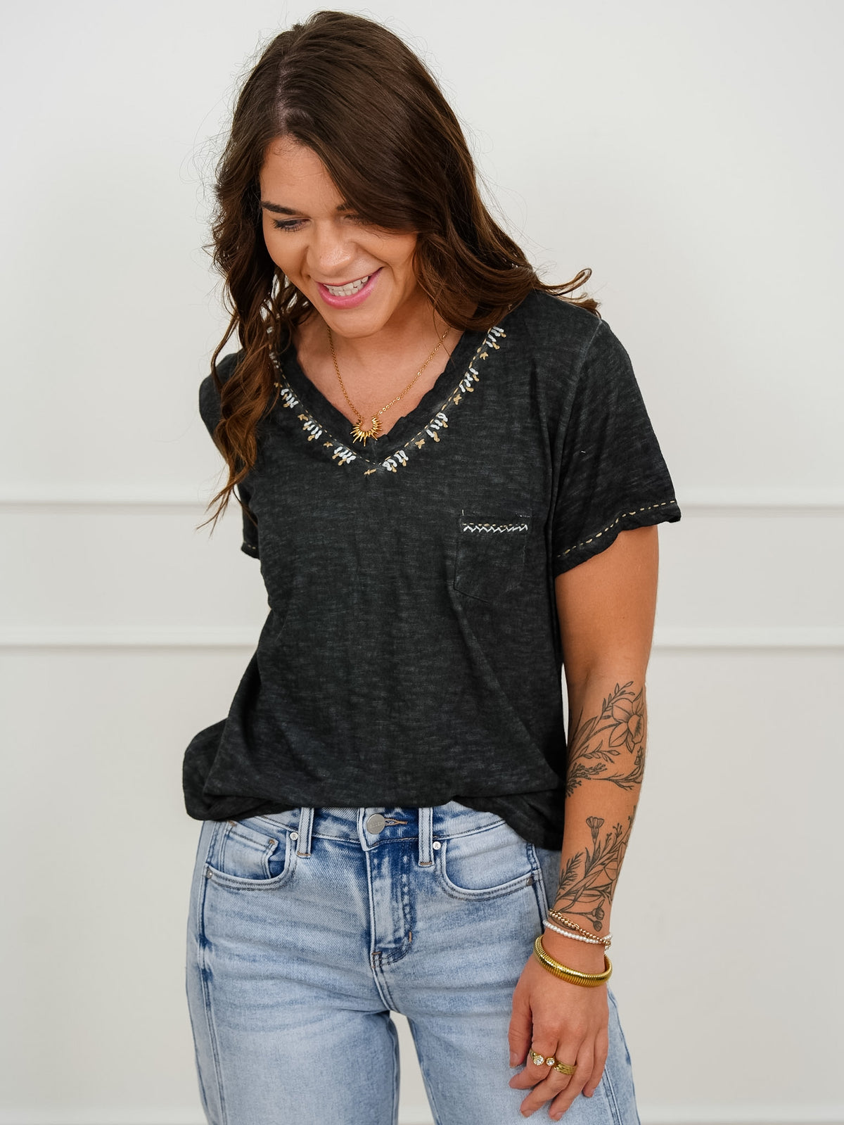 POL Short Sleeve Embroidered Detail V-Neck Top - Freckled Poppy