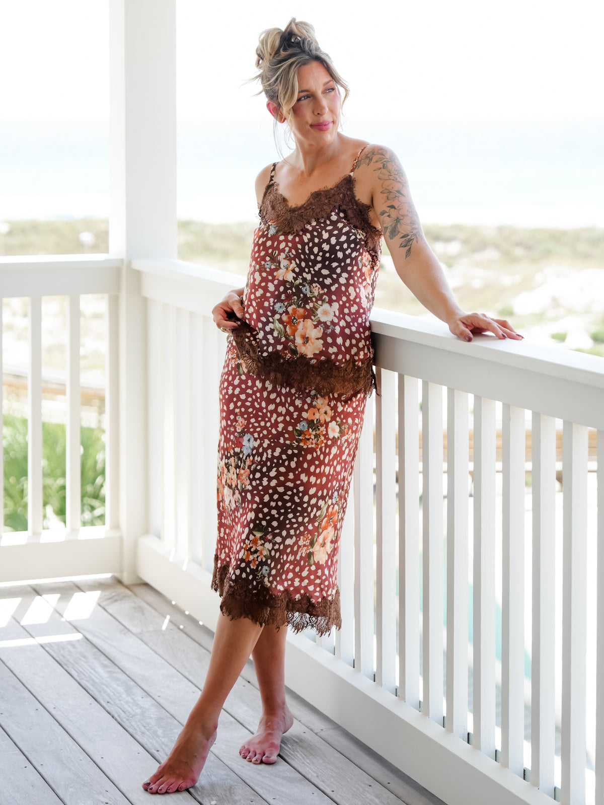 Animal Print Satin Midi Skirt with Lace Scallop Hem - Freckled Poppy