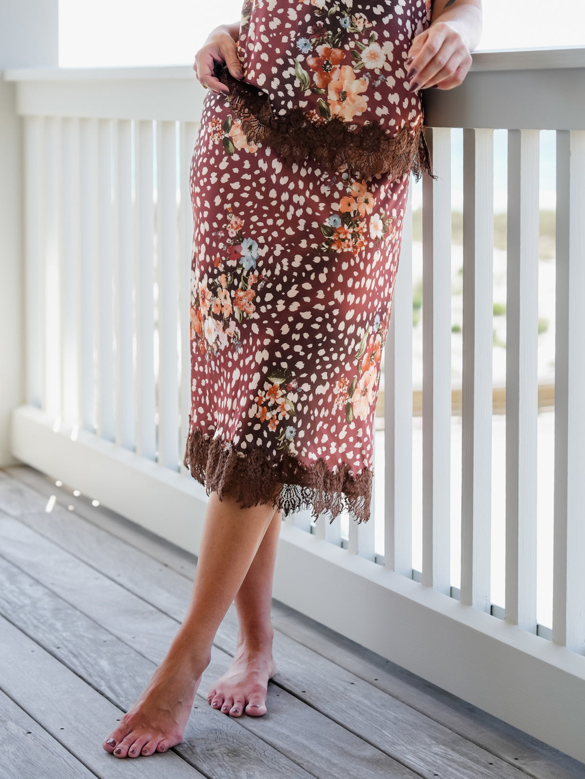 Animal Print Satin Midi Skirt with Lace Scallop Hem - Freckled Poppy