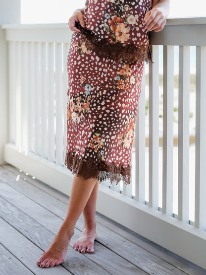 Animal Print Satin Midi Skirt with Lace Scallop Hem - Freckled Poppy