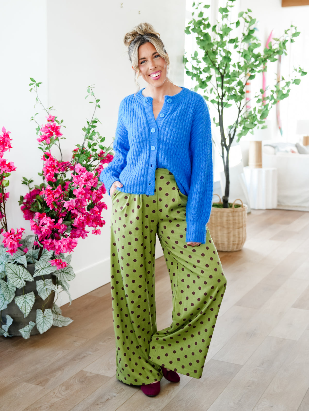 Polka Dot Pleated Elastic Waist Wide Leg Pants - Freckled Poppy