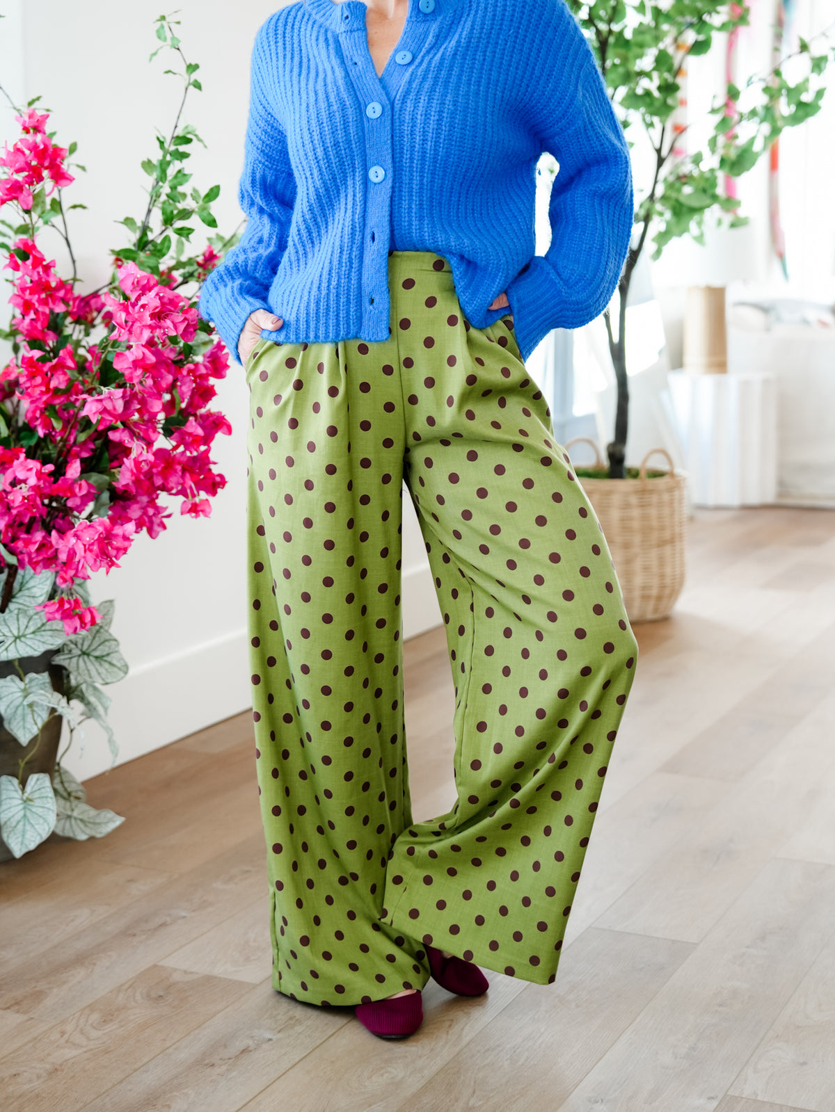 Polka Dot Pleated Elastic Waist Wide Leg Pants - Freckled Poppy