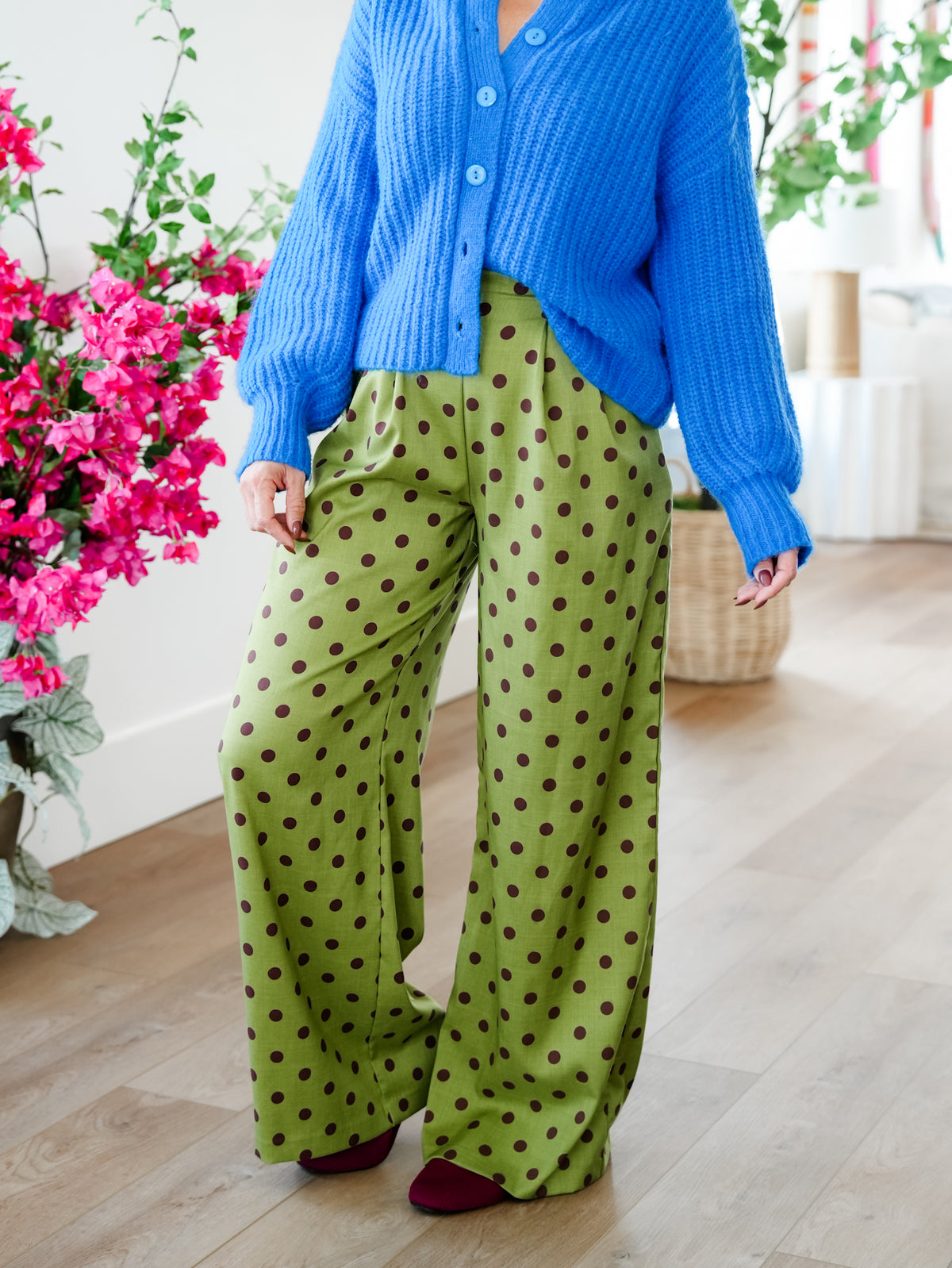 Polka Dot Pleated Elastic Waist Wide Leg Pants - Freckled Poppy