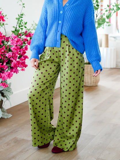 Polka Dot Pleated Elastic Waist Wide Leg Pants - Freckled Poppy