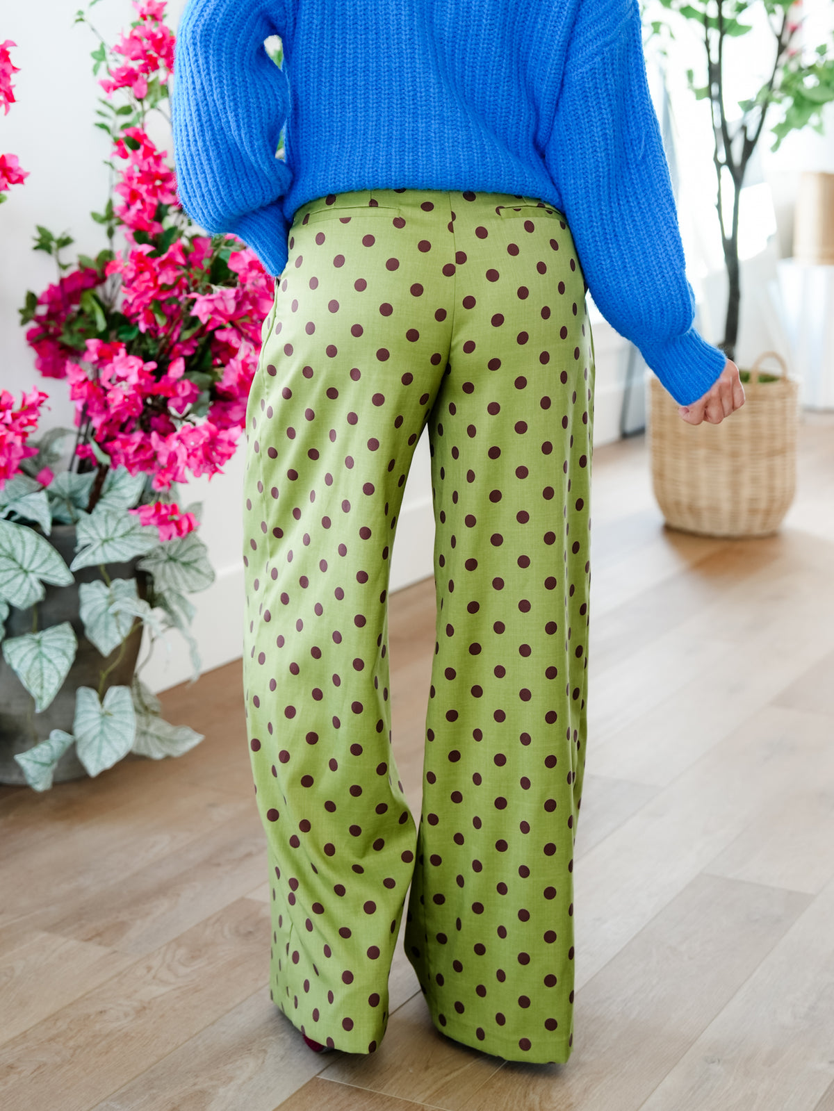 Polka Dot Pleated Elastic Waist Wide Leg Pants - Freckled Poppy