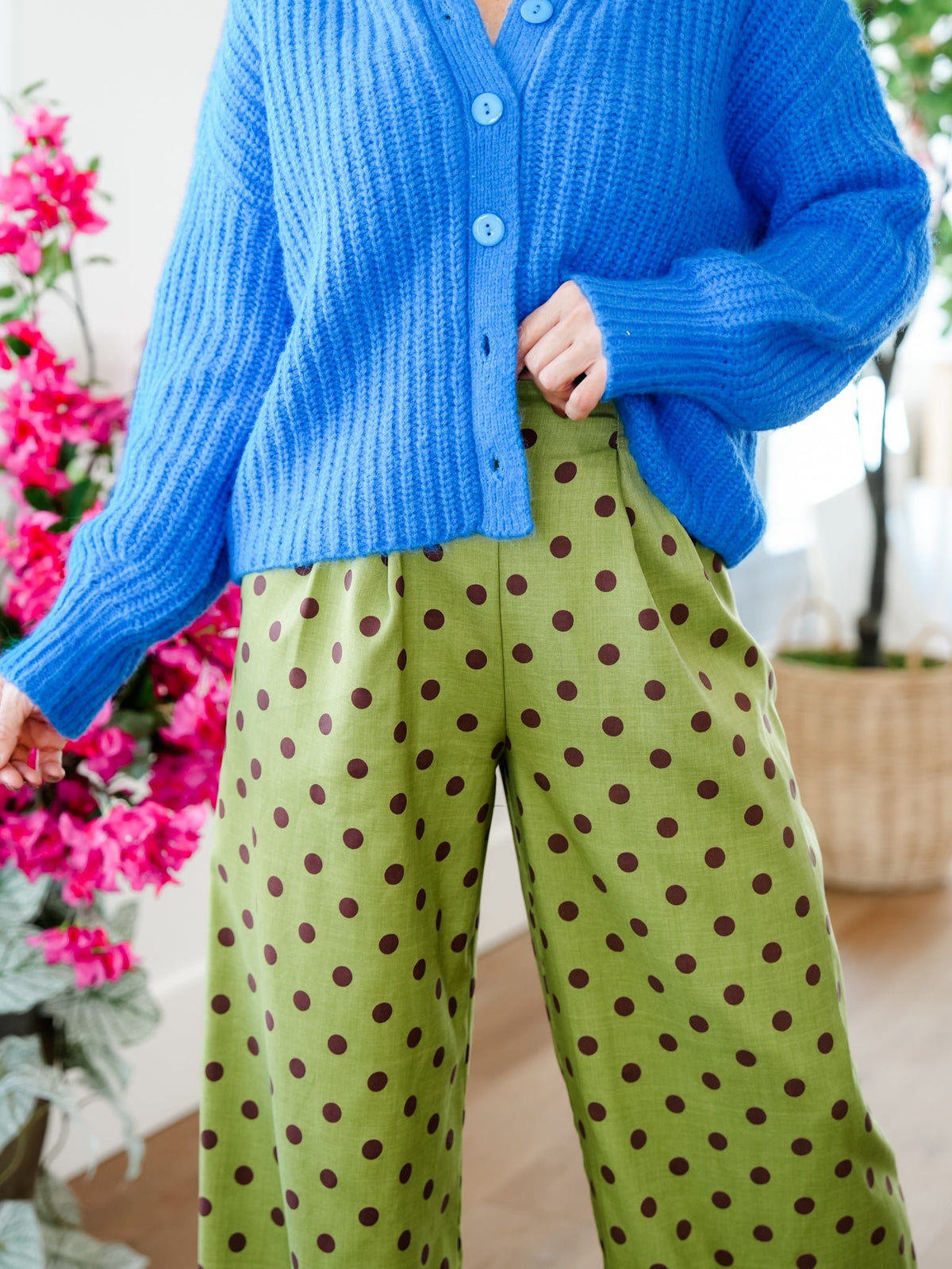 Polka Dot Pleated Elastic Waist Wide Leg Pants - Freckled Poppy