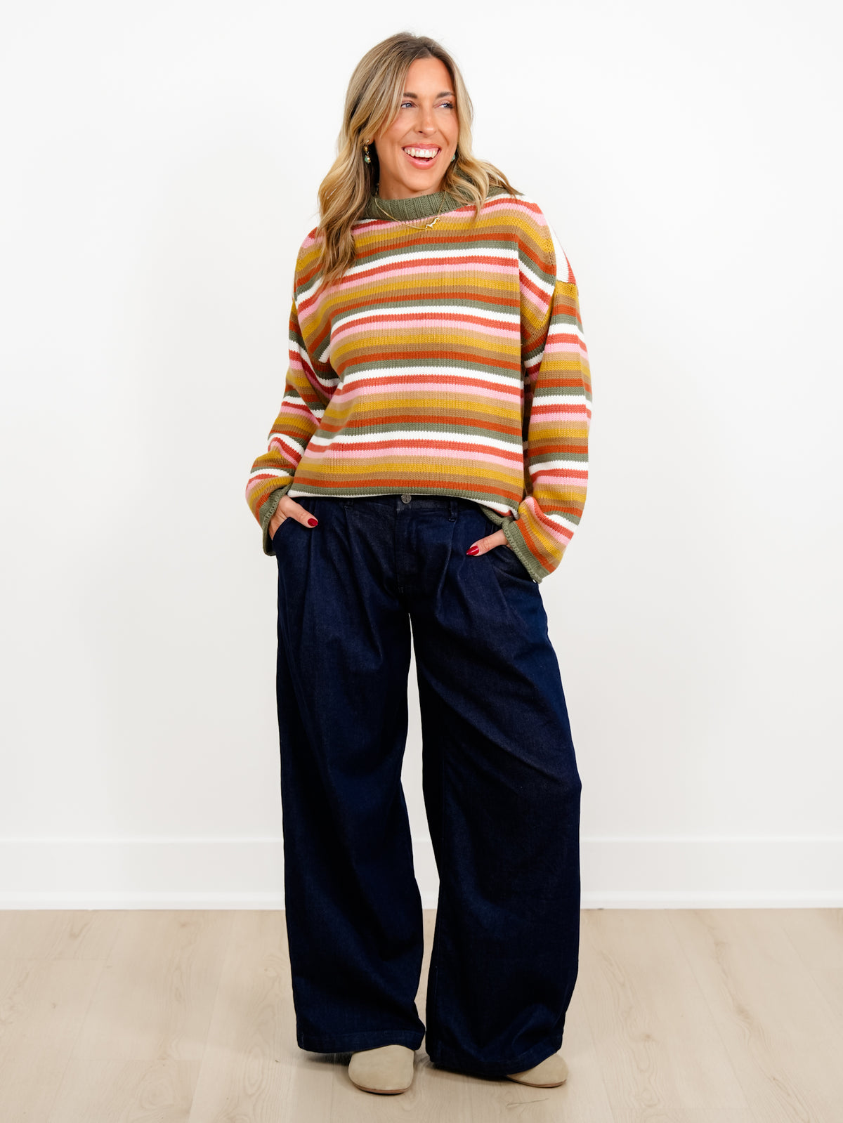 Multi Color Stripe Long Sleeve Mock Neck Sweater - Freckled Poppy