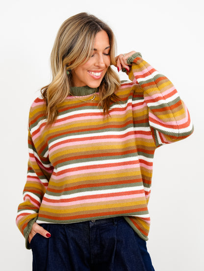 Multi Color Stripe Long Sleeve Mock Neck Sweater - Freckled Poppy