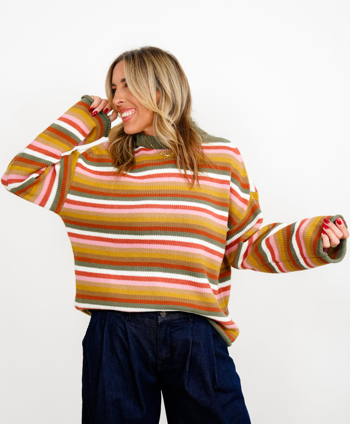 Multi Color Stripe Long Sleeve Mock Neck Sweater - Freckled Poppy