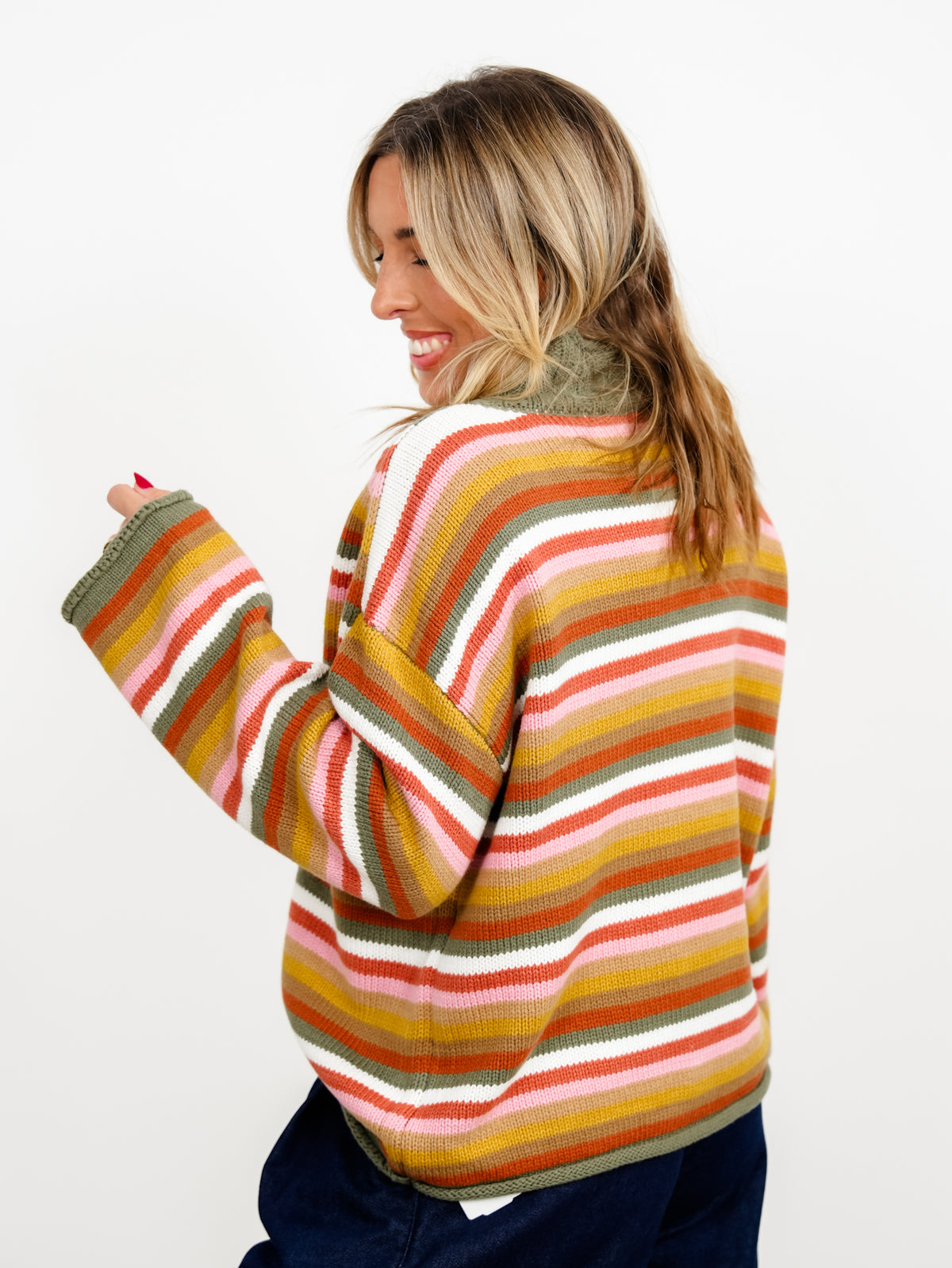 Multi Color Stripe Long Sleeve Mock Neck Sweater - Freckled Poppy