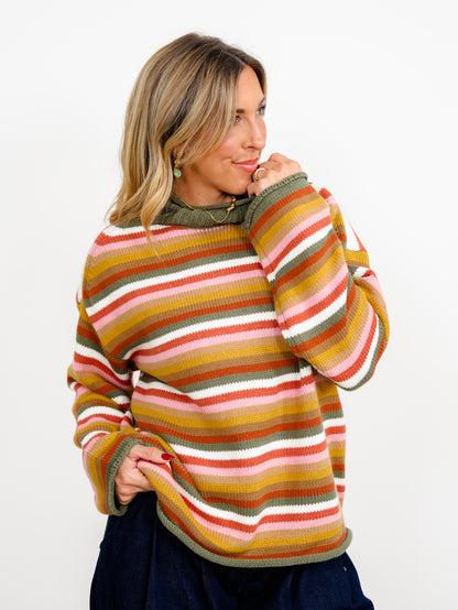 Multi Color Stripe Long Sleeve Mock Neck Sweater - Freckled Poppy