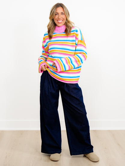 Multi Color Stripe Long Sleeve Mock Neck Sweater - Freckled Poppy