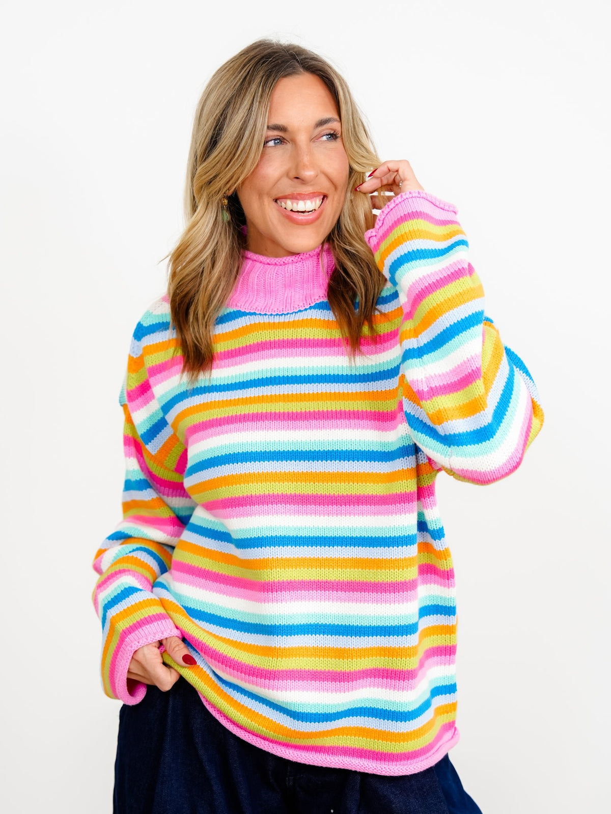 Multi Color Stripe Long Sleeve Mock Neck Sweater - Freckled Poppy