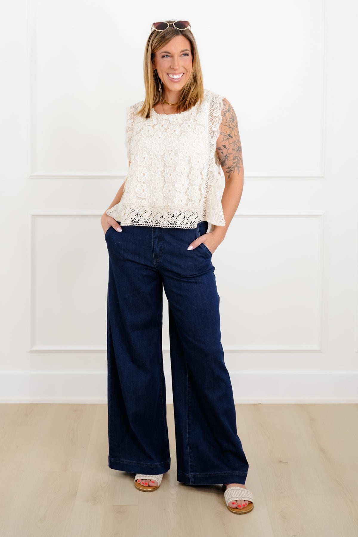 Plus/Reg Floral Lace Sleeveless Top with Side Ties - Freckled Poppy