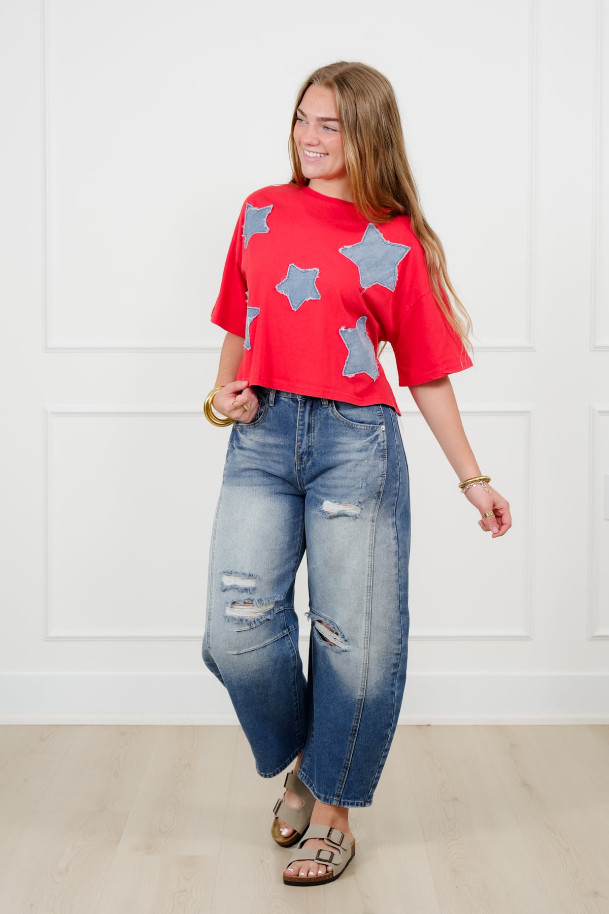 Short Sleeve Star Patch Crew Neck Top - Freckled Poppy
