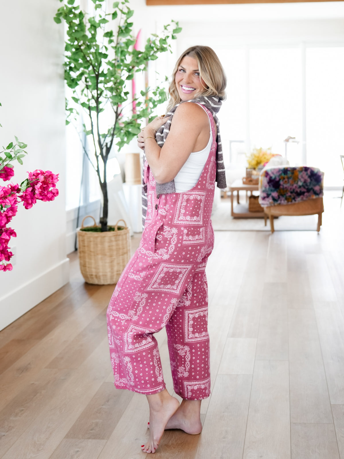 Plus/Reg Paisley Bandana Print Twill Overalls - Freckled Poppy