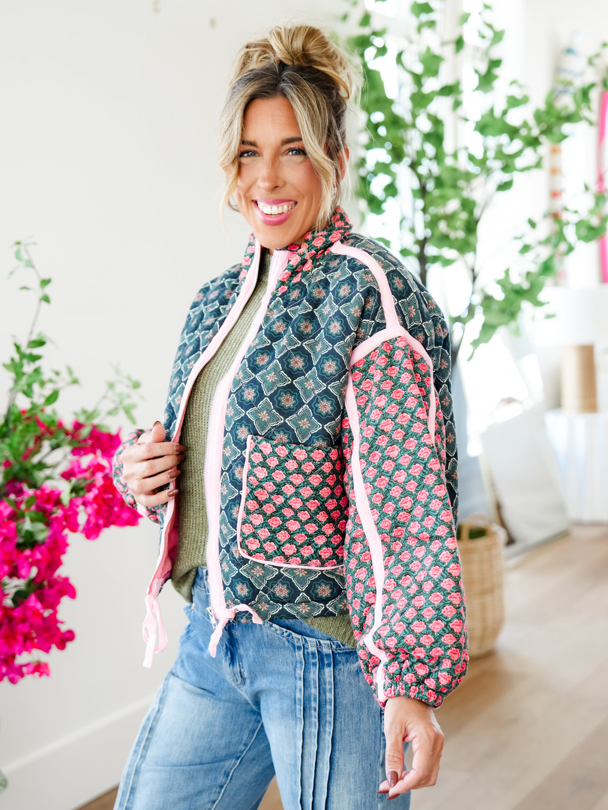 Plus/Reg Quilted Patchwork Long Sleeve Zip Up Jacket - Freckled Poppy