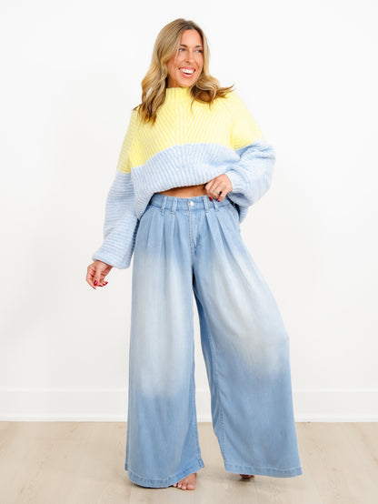 Light Wash Wide Leg Pleated Pants - Freckled Poppy