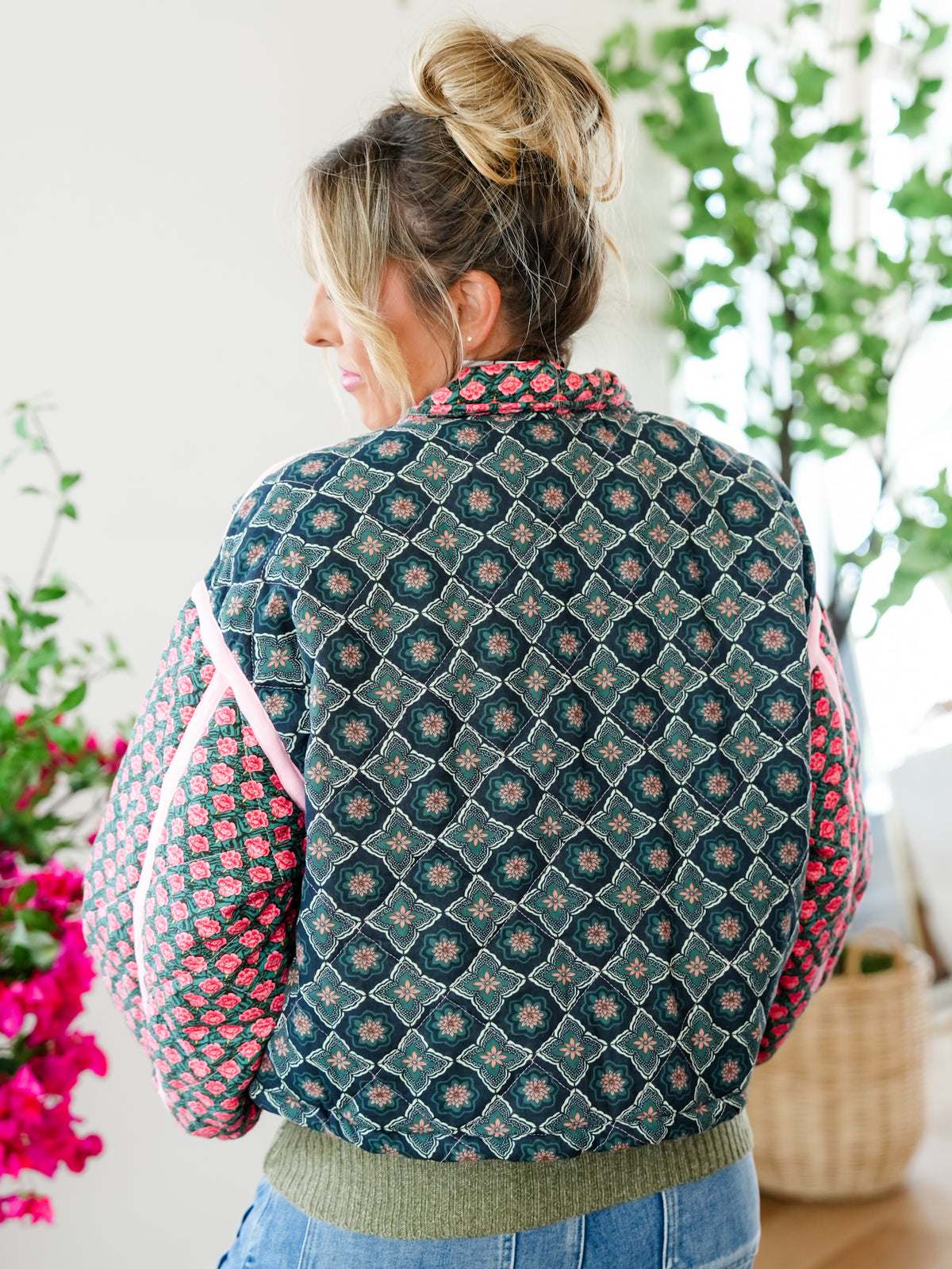 Plus/Reg Quilted Patchwork Long Sleeve Zip Up Jacket - Freckled Poppy