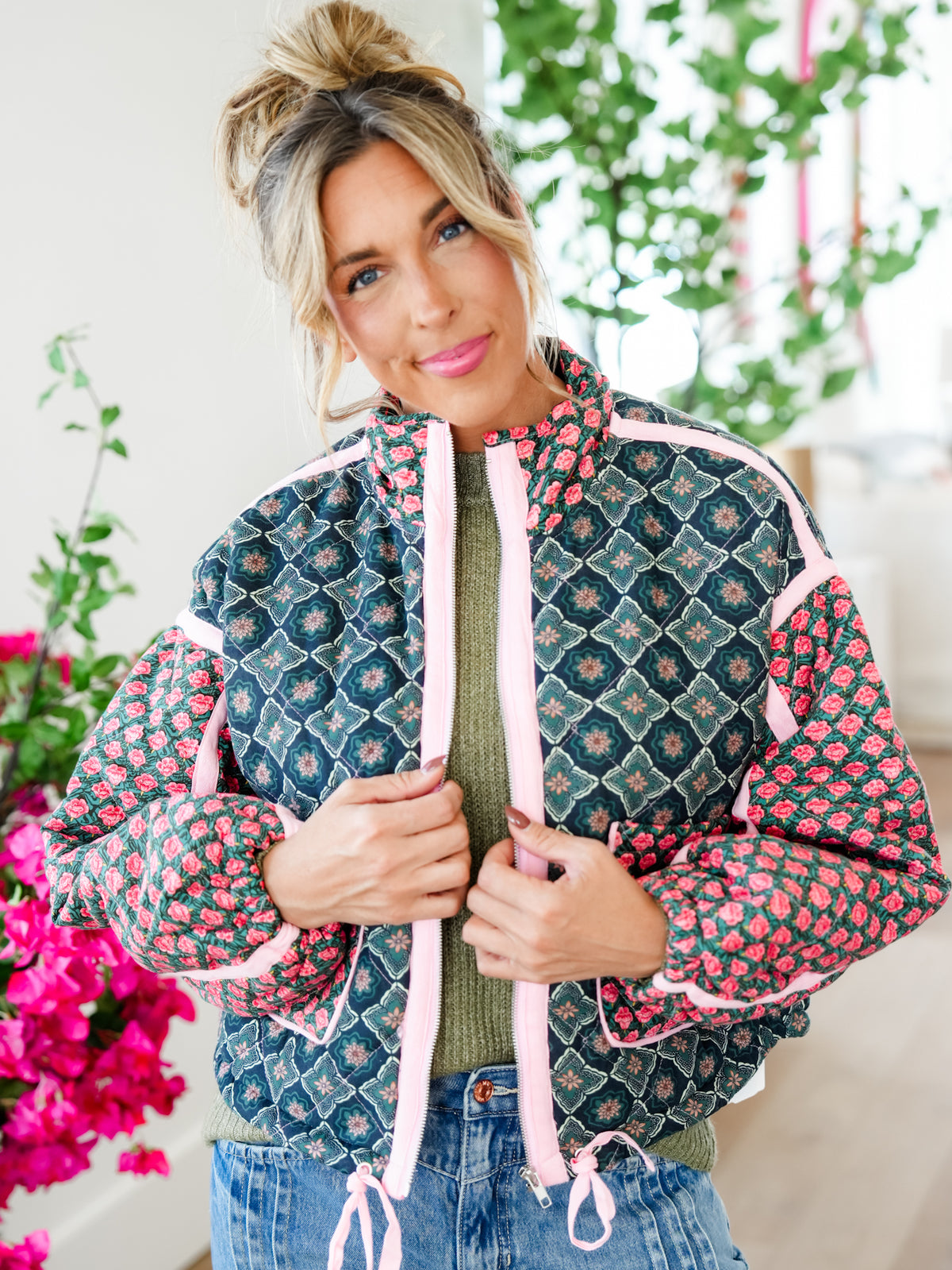 Plus/Reg Quilted Patchwork Long Sleeve Zip Up Jacket - Freckled Poppy