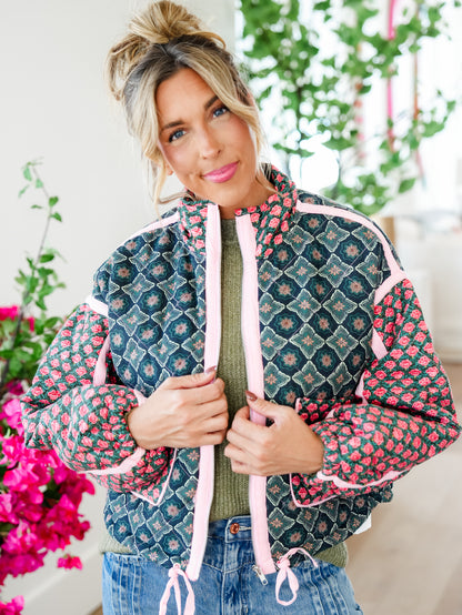 Plus/Reg Quilted Patchwork Long Sleeve Zip Up Jacket - Freckled Poppy