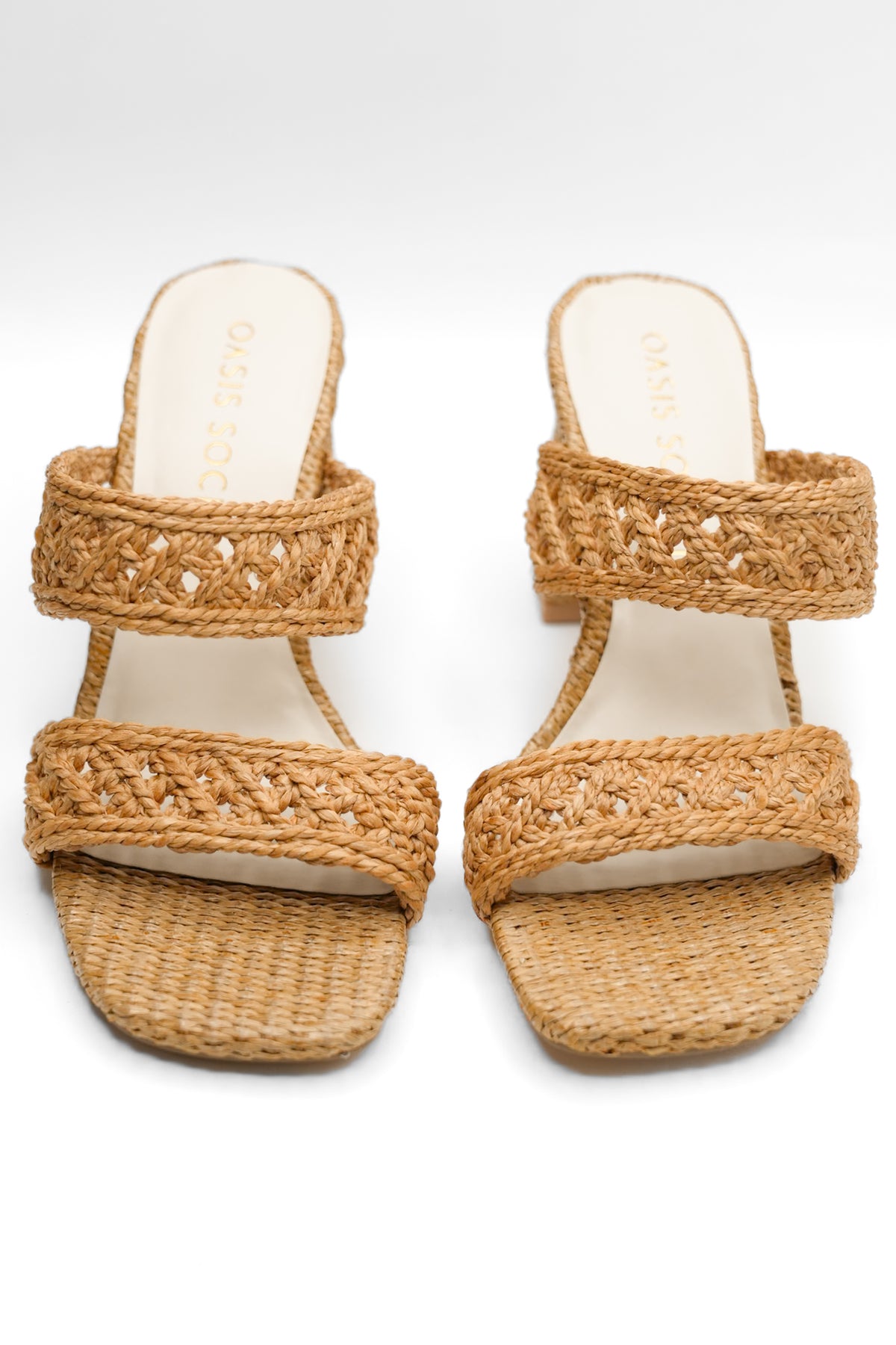 Woven Raffia Double Band Mule Sandal with Block Heel - Freckled Poppy