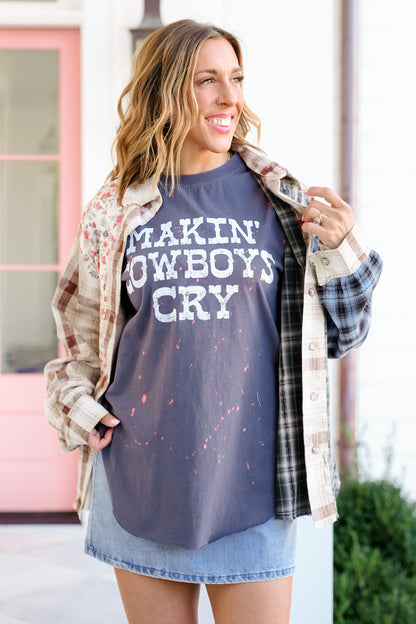 Bleached Short Sleeve "Makin' Cowboys Cry" Graphic Tee - Freckled Poppy