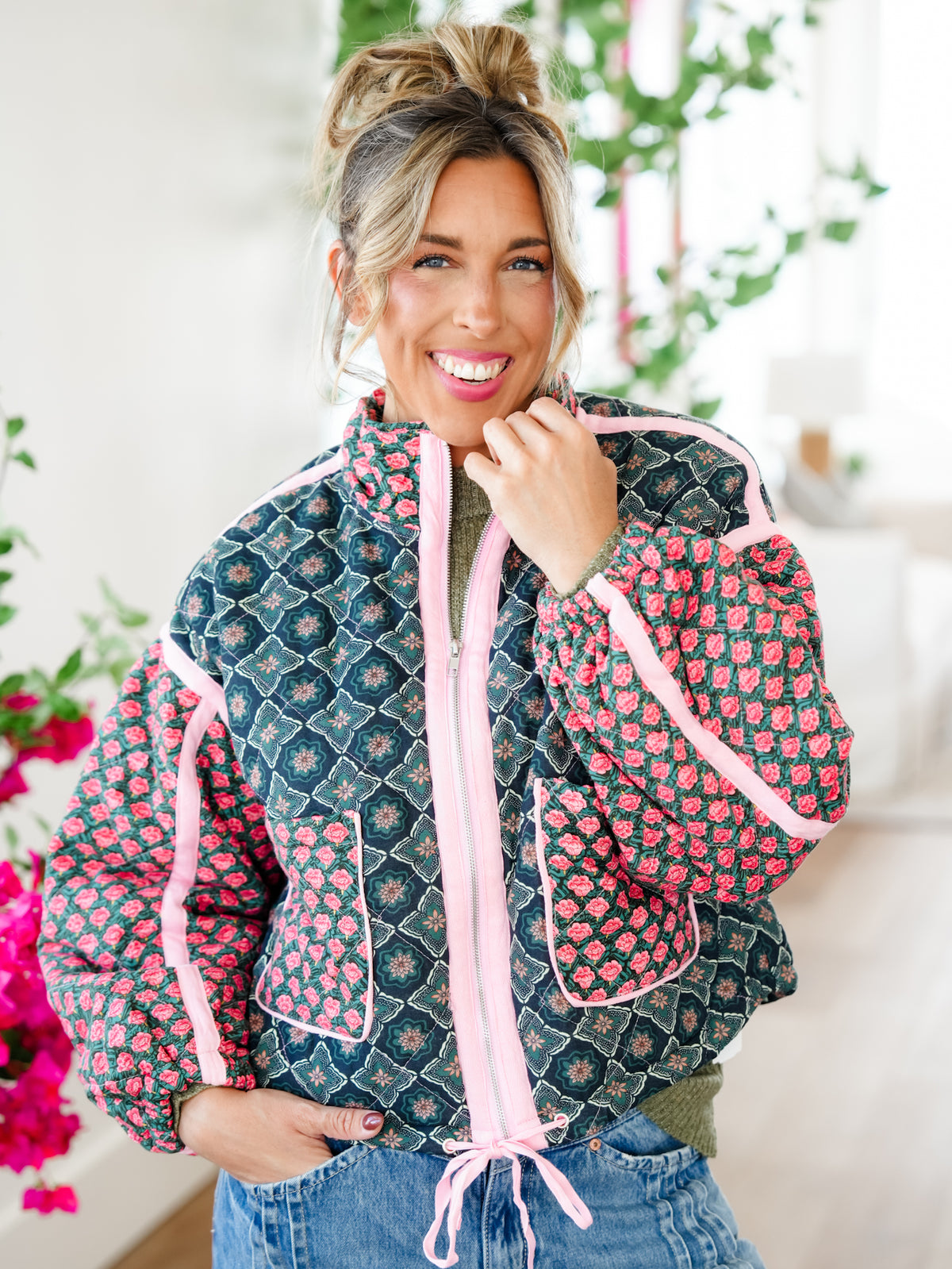 Plus/Reg Quilted Patchwork Long Sleeve Zip Up Jacket - Freckled Poppy