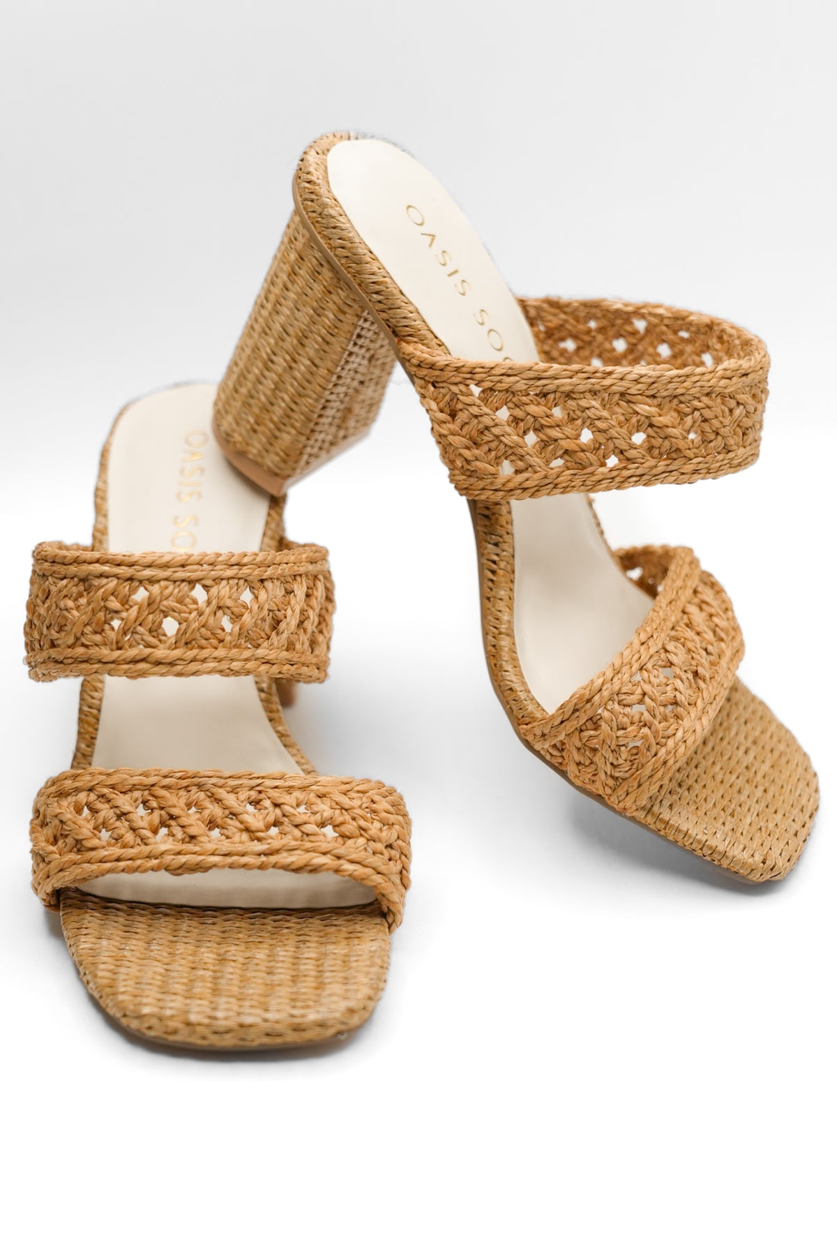 Woven Raffia Double Band Mule Sandal with Block Heel - Freckled Poppy