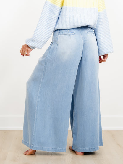 Light Wash Wide Leg Pleated Pants - Freckled Poppy