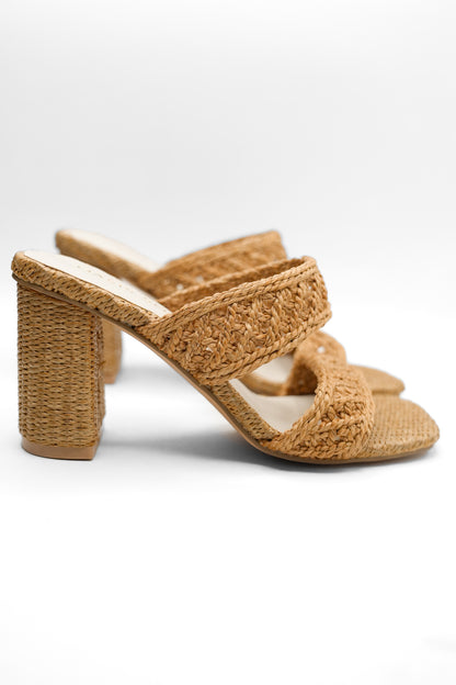 Woven Raffia Double Band Mule Sandal with Block Heel - Freckled Poppy