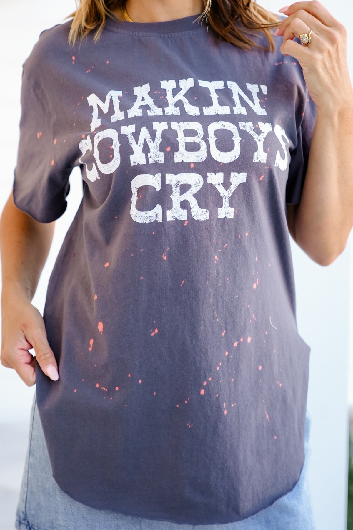 Bleached Short Sleeve "Makin' Cowboys Cry" Graphic Tee - Freckled Poppy