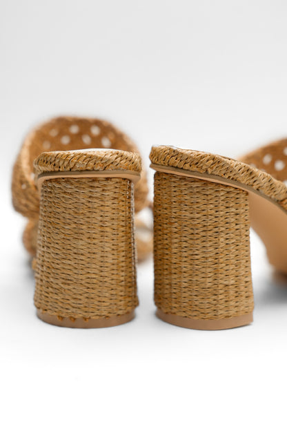 Woven Raffia Double Band Mule Sandal with Block Heel - Freckled Poppy