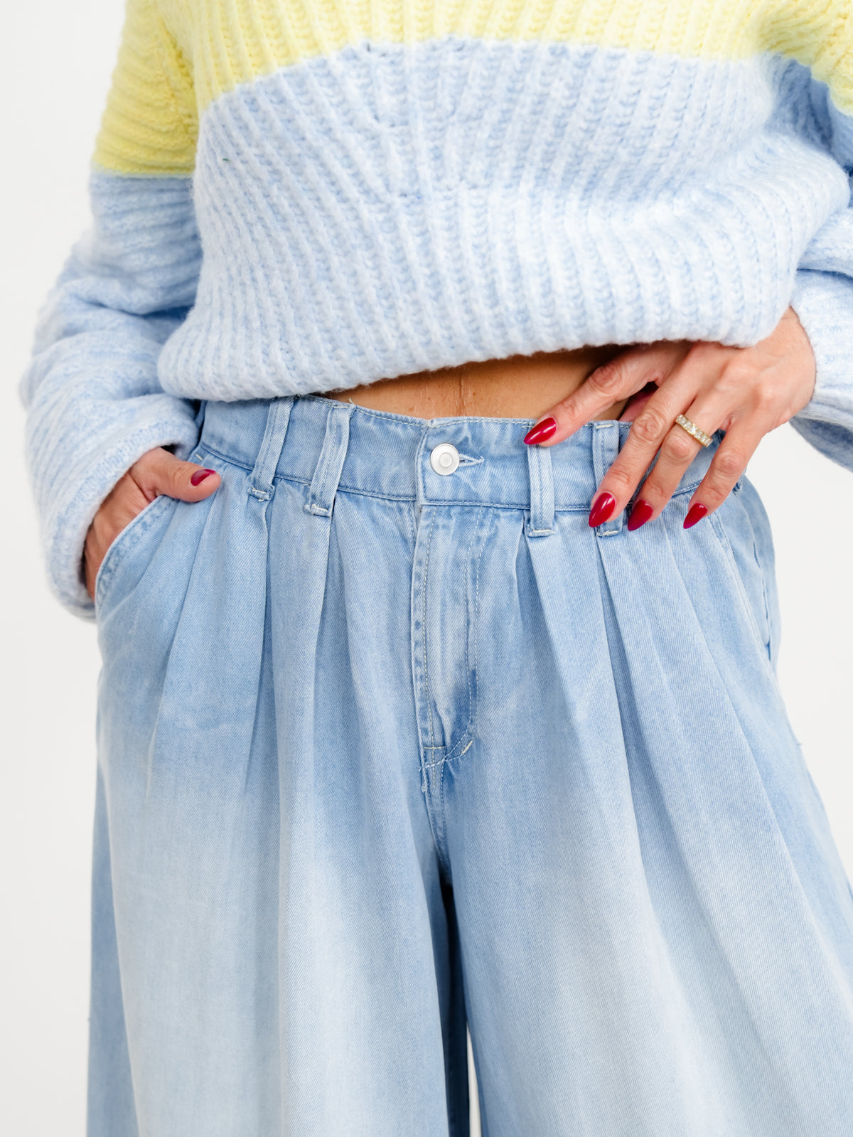 Light Wash Wide Leg Pleated Pants - Freckled Poppy