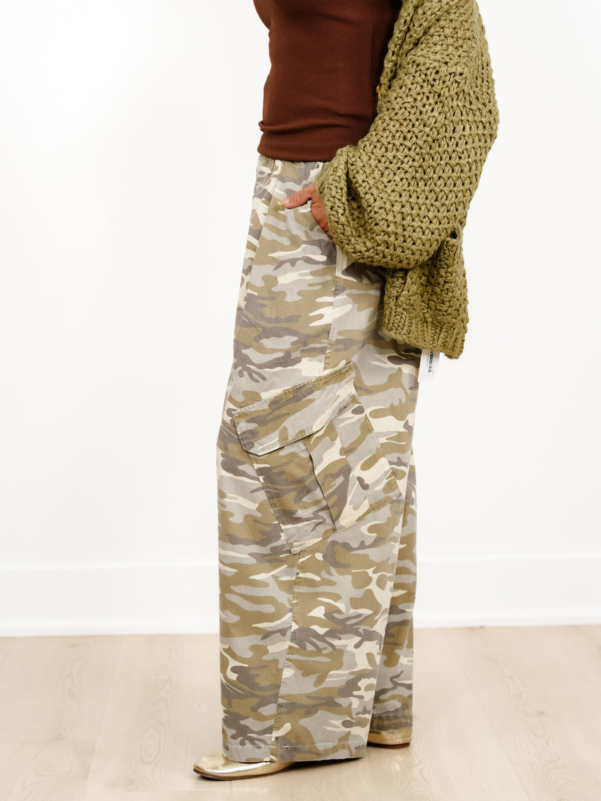 Camouflage Elastic Waist Cargo Pocket Pants - Freckled Poppy