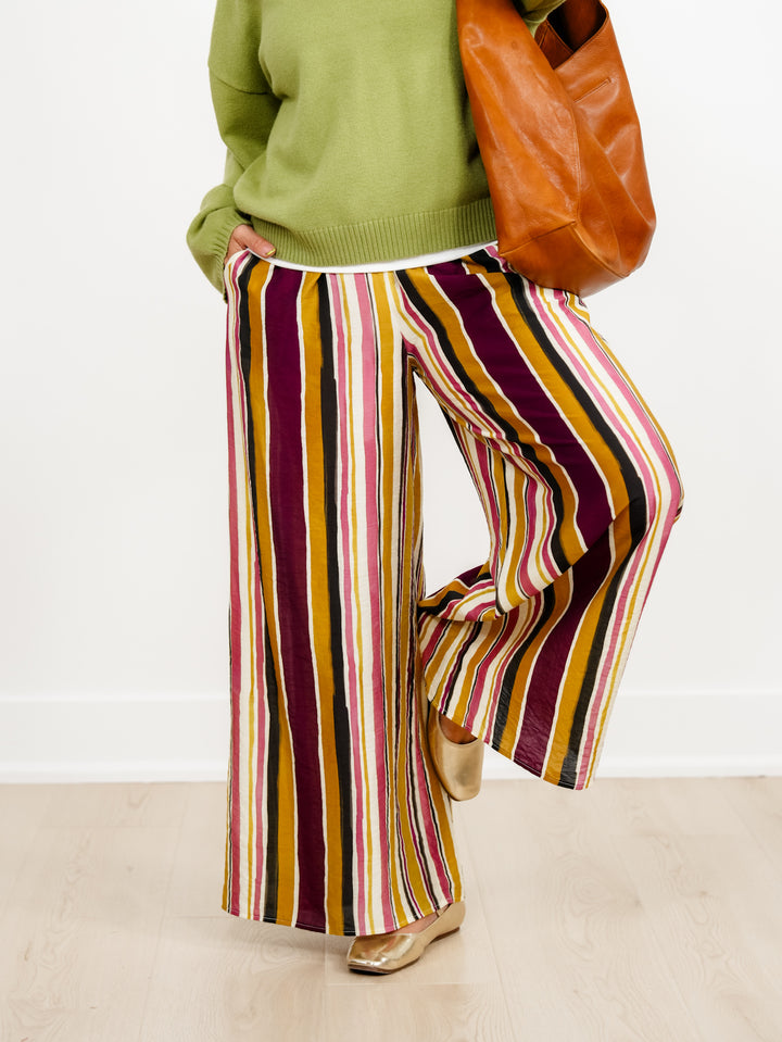 Vertical Stripe Elastic Waist Wide Leg Palazzo Pants - Freckled Poppy