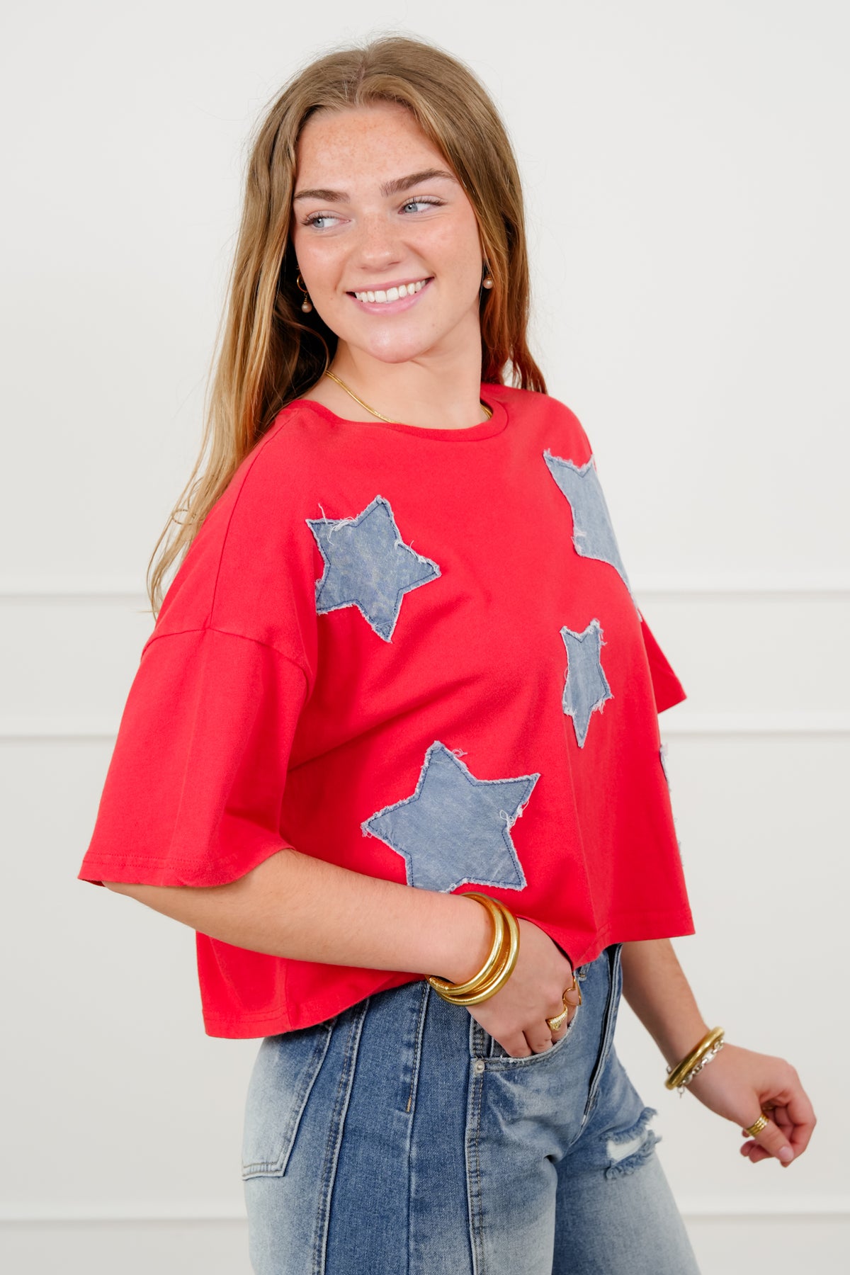 Short Sleeve Star Patch Crew Neck Top - Freckled Poppy