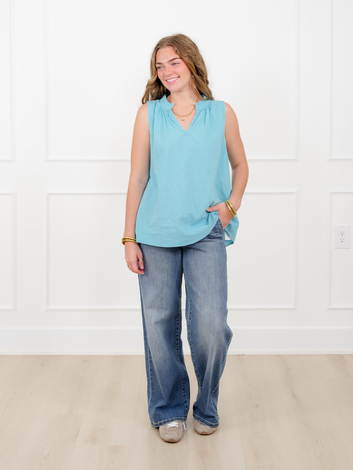Door Buster! Plus/Reg Embroidered Floral Sleeveless V Neck Top - Freckled Poppy