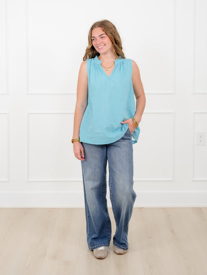 Door Buster! Plus/Reg Embroidered Floral Sleeveless V Neck Top - Freckled Poppy