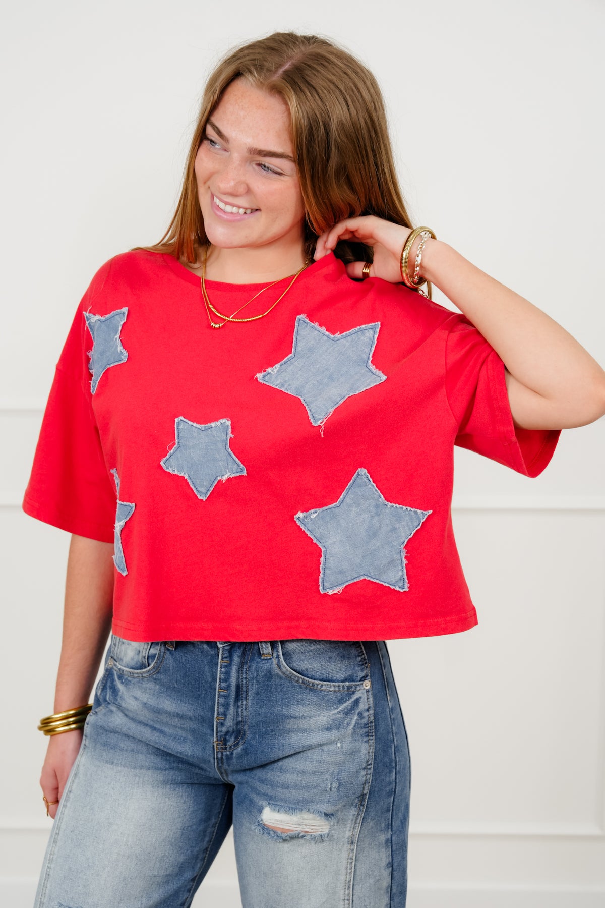 Short Sleeve Star Patch Crew Neck Top - Freckled Poppy