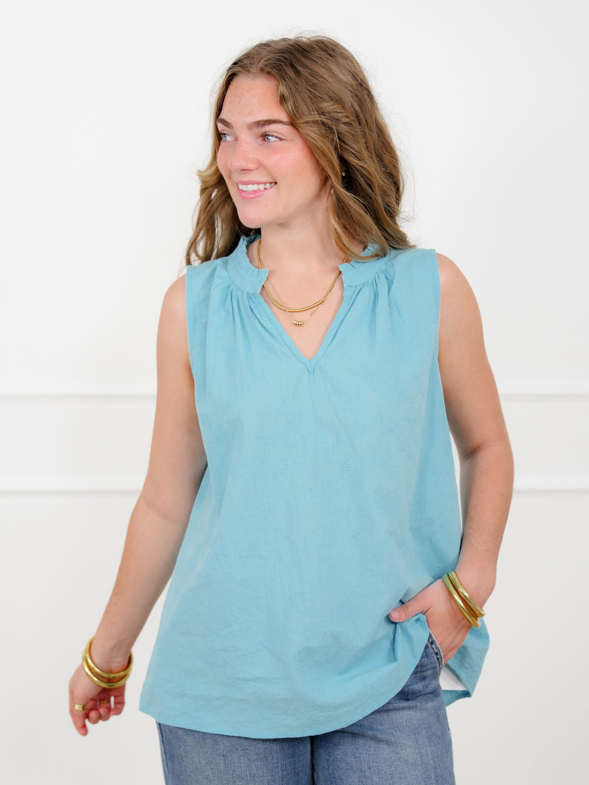 Door Buster! Plus/Reg Embroidered Floral Sleeveless V Neck Top - Freckled Poppy