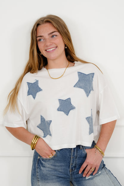 Short Sleeve Star Patch Crew Neck Top - Freckled Poppy