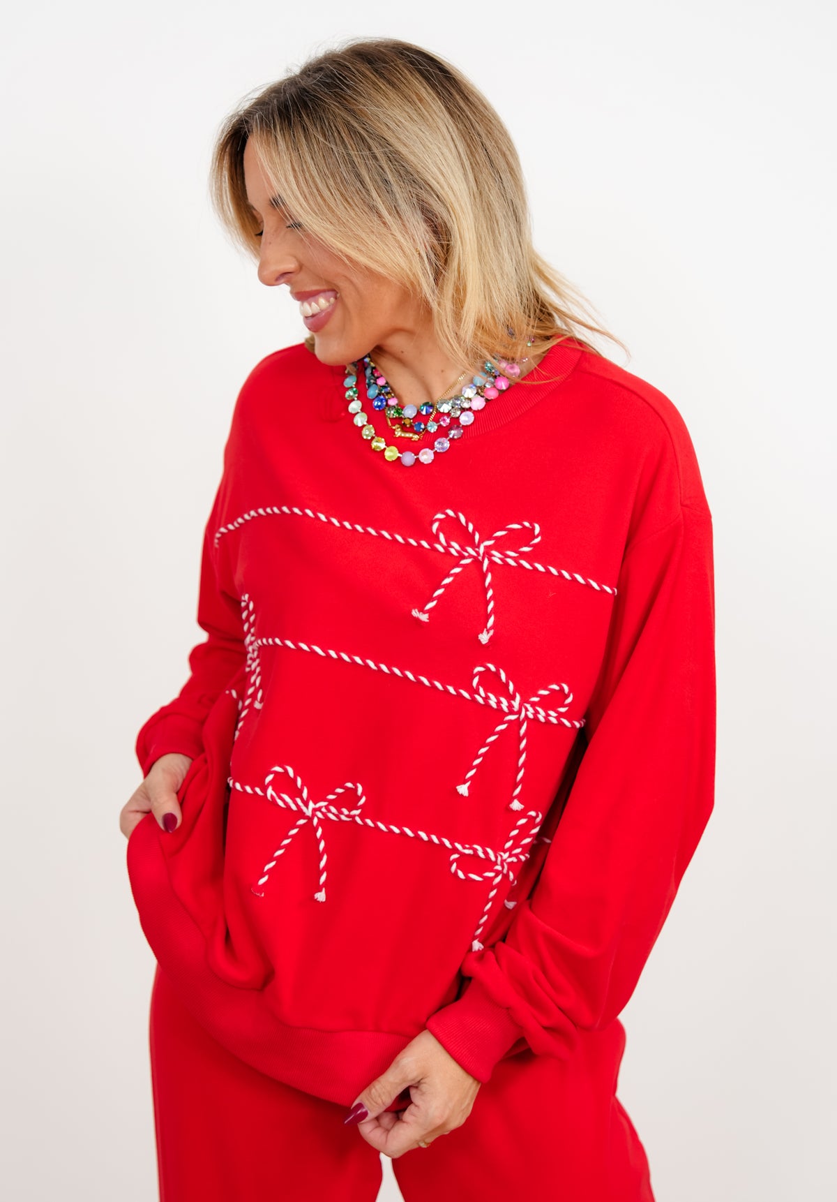 Candy Cane Bows Long Sleeve Top and Pants Lounge Set