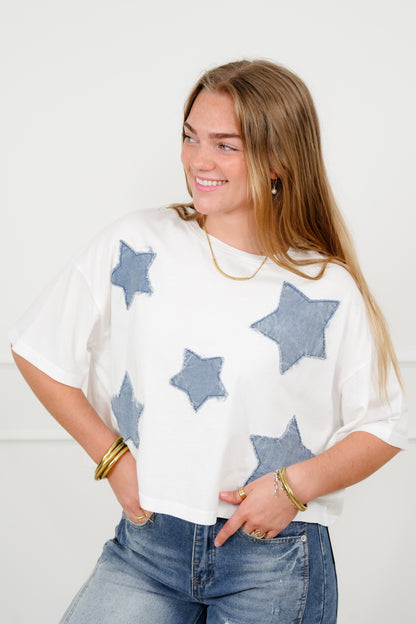 Short Sleeve Star Patch Crew Neck Top - Freckled Poppy